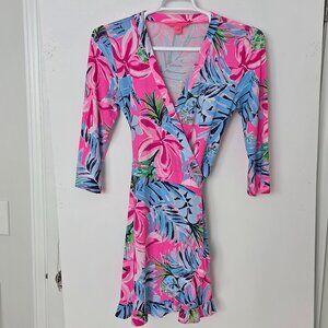 Lilly Pulitzer Dress Pink Tropical Wrap Ruffle Belted Medium Sleeve Women M